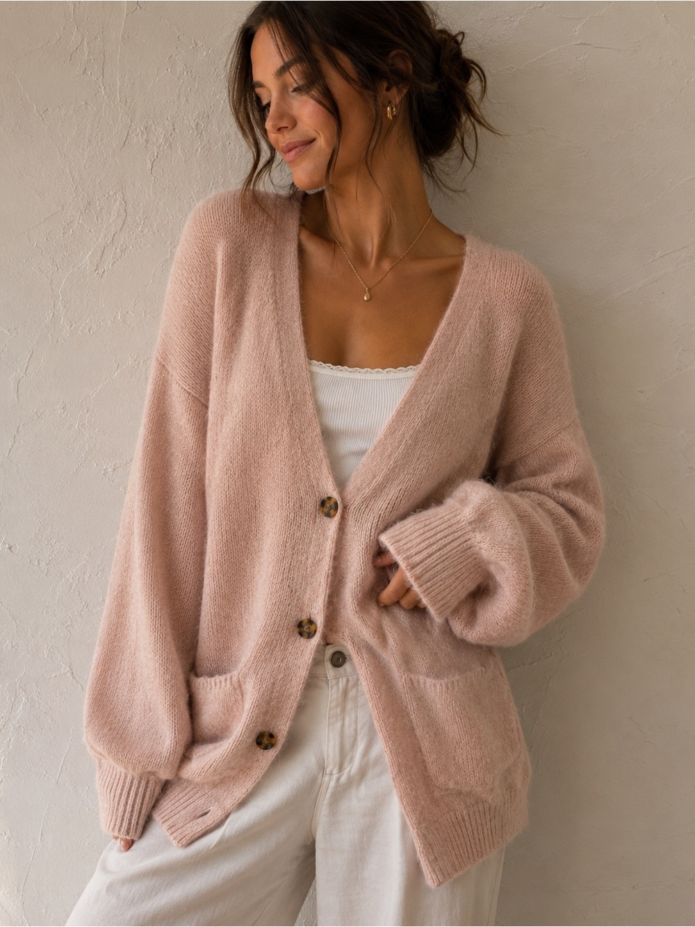 Soft Knit Blush Pink V-Neck Cardigan